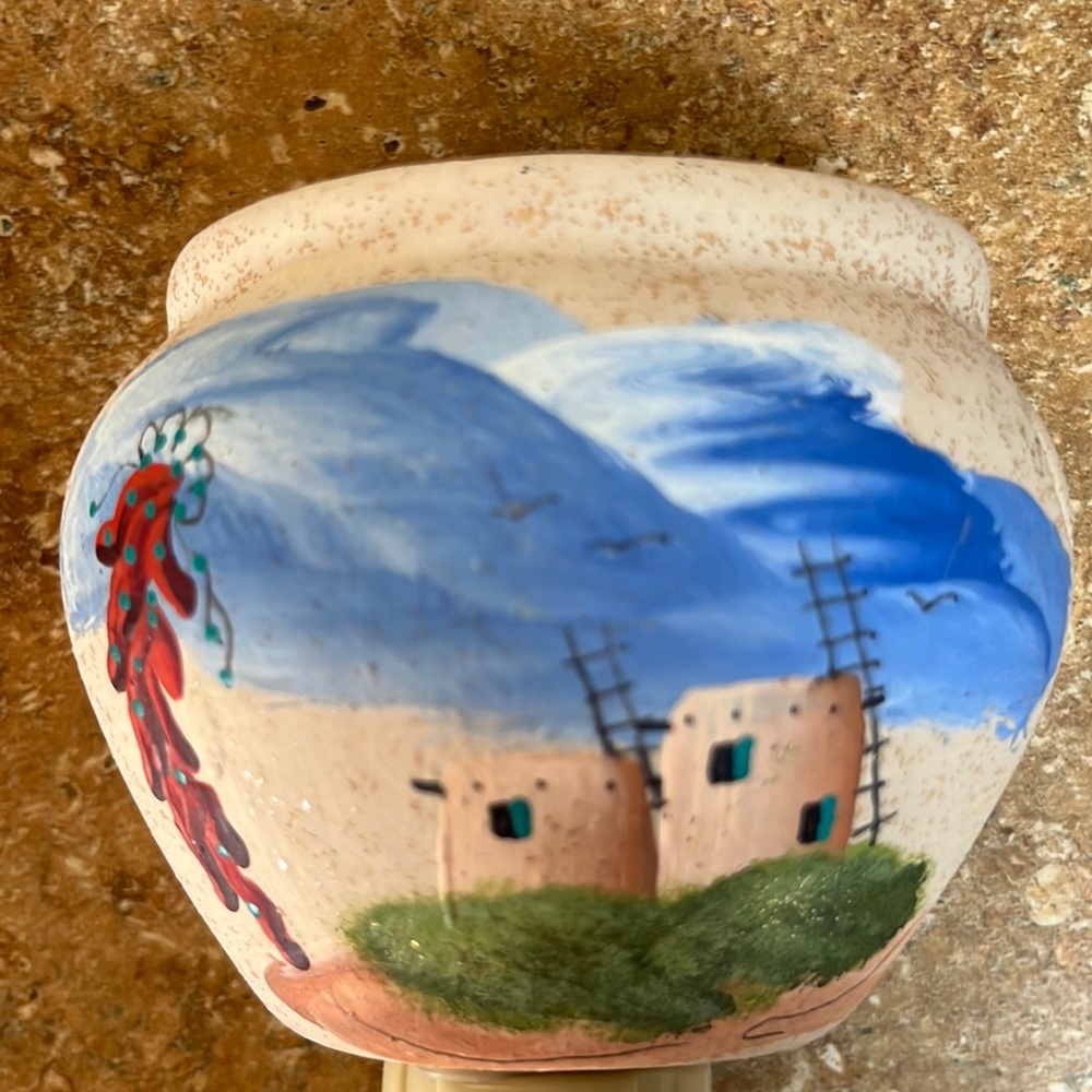 Hand-Painted Ceramic Night Light with Blue Sky and‎ Red Chili Pueblo Design - Picture 2 of 4